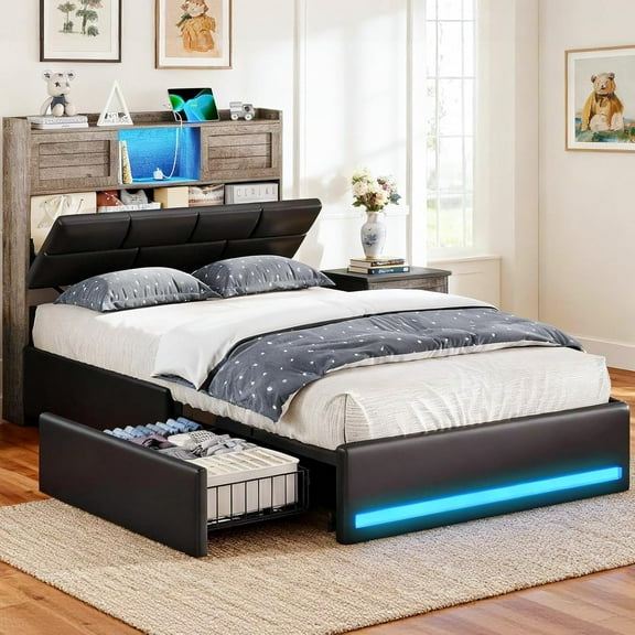 Twin Bed Frame with Bookcase Headboard and Storage, Barn Doors Twin Size Upholstered Beds with 4 Under Bed Storage Drawers & Charging Station & LED Lights, Grey