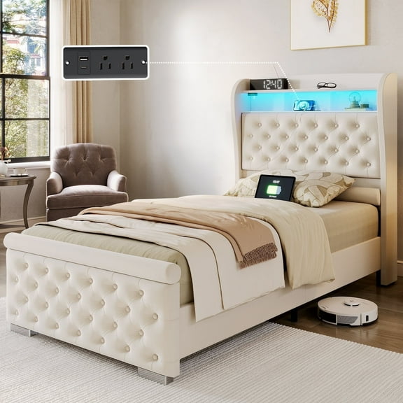 ROCHECASA Twin Bed Frame with Storage, Charging Station and LED Light, Velvet Upholstered Tufted Wingback, Cream