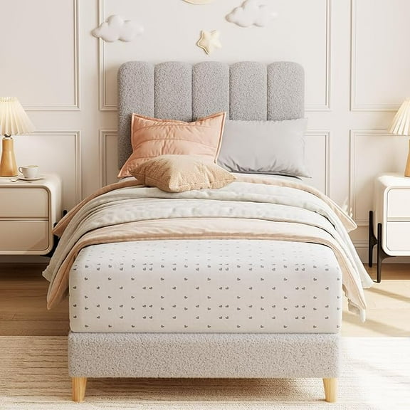 Twin Bed Frame, Boucle Upholstered Platform Bed with Wave Headboard for Teen, Easy Assembly, Wooden Slats Support, No Box Spring Needed, Grey