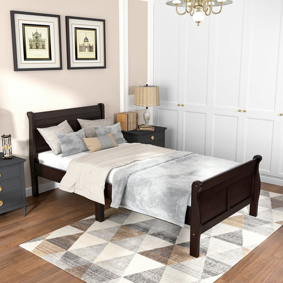 UHOMEPRO Twin Size Bed Frame with Headboard | Solid Wood Platform Bed Frame, No Box Spring Needed | 500 lbs Capacity (Modern Espresso)