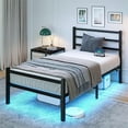 Twin Bed Frame with Charging Station and LED Lights, Metal Platform Bed