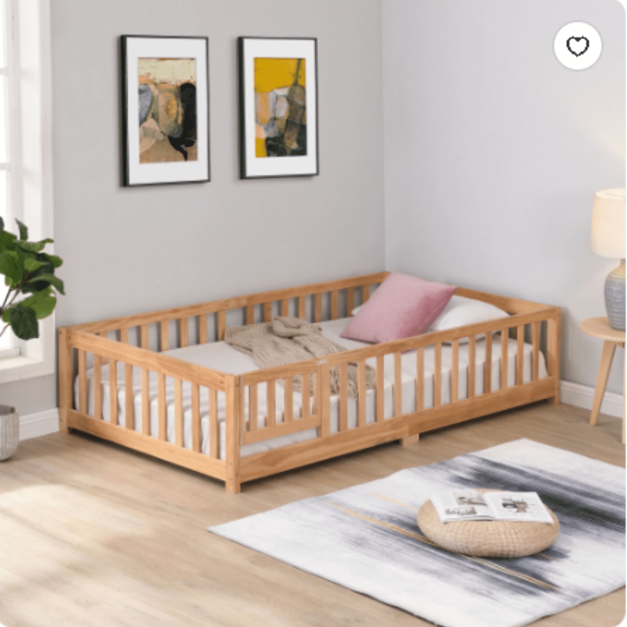 Twin Bed Frame with Door and Fence,Montessori Bed with Guardrails and Solid Slats,Solid Wood Platform Twin Size Bed Frame for Girls and Boys,77.6"x41.5"x17.5",Natural