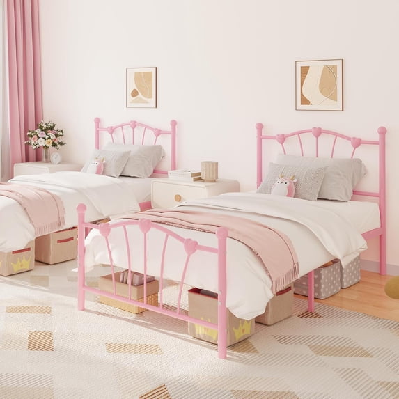 Twin Bed Frame for Girls, Twin Size Bed Frame with Sweet Heart-Shape Headboard and Footboard, Heavy Duty Metal Slat Support, No Box Spring Needed, Easy Assembly