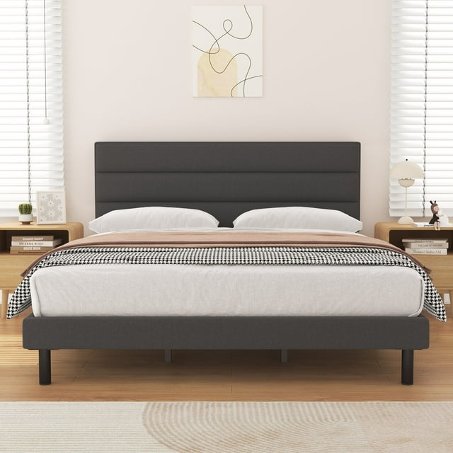 Twin Bed Frame, HAIIDE Twin Size Platform Bed with Wingback Fabric Upholstered Headboard, Dark Gray