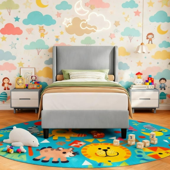 Twin Bed Frame with Headboad and Wingback, Elegant Vertical Stripe Velvet Upholstered Bed Frame with 2 Storage Pockets, Sturdy Wood Slat Support, Twin Bed Easy Assembly, Light Grey