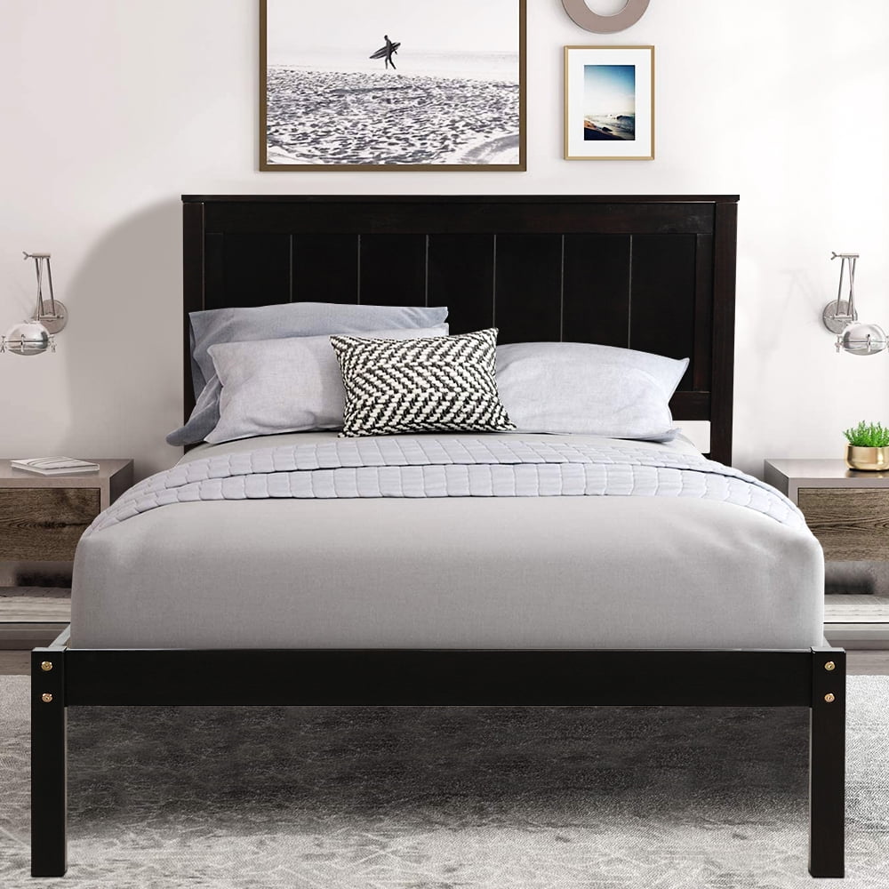 Twin Bed Frame with Headboard Espresso Wood Platform Bed Frame