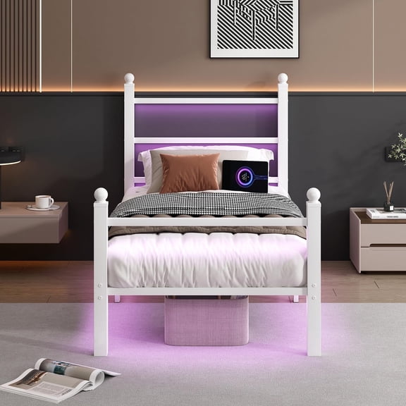 Chuangshuo Guard Twin Size Bed Frame with LED Storage Headboard Shelf , Metal Platform Bed, Noise-Free, White