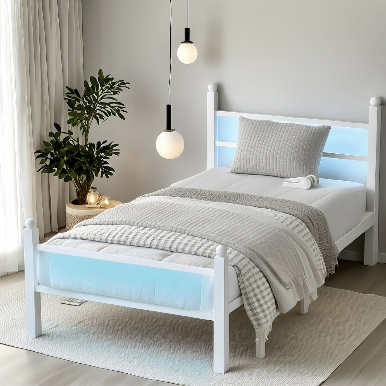 Chuangshuo Guard Twin Size Bed Frame with LED Storage Headboard Shelf , Metal Platform Bed, Noise-Free, White