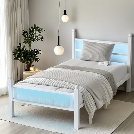 Chuangshuo Guard Twin Size Bed Frame with LED Storage Headboard Shelf , Metal Platform Bed, Noise-Free, White