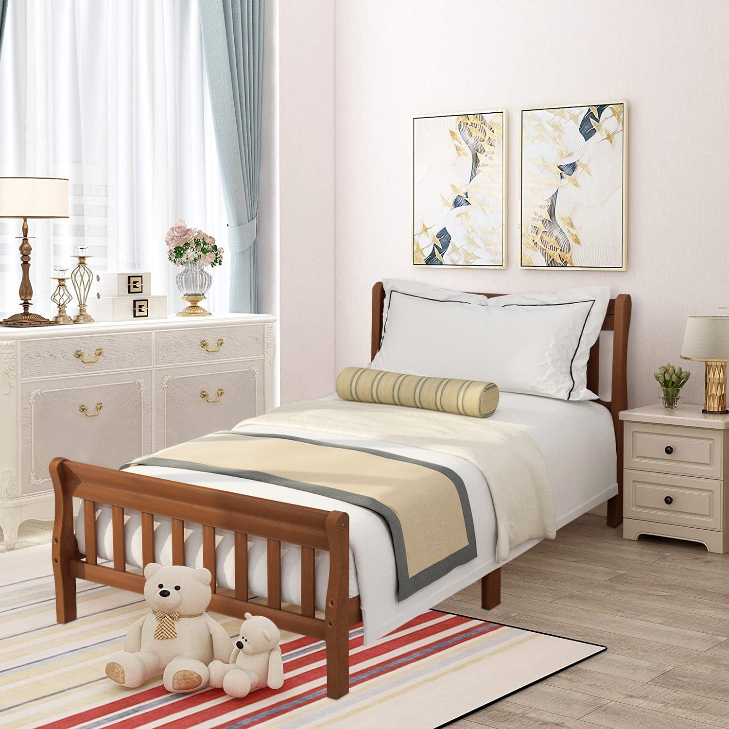 Twin Bed Frame with Headboard&Footboard, Wood Twin Platform Bed