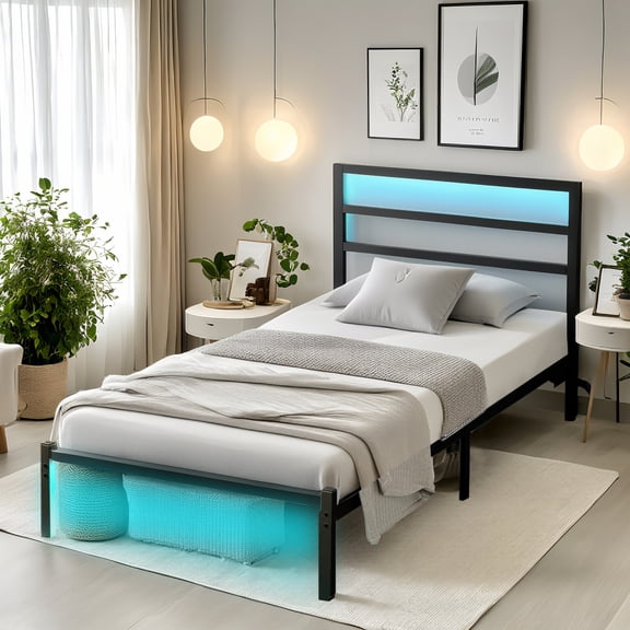 Chuangshuo Guard Twin Size Bed Frame with LED Storage Headboard Shelf, Noise-Free, Metal Platform Bed, Black