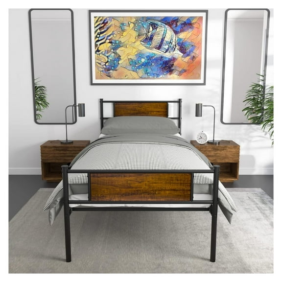 Twin Bed Frame with Headboard, Metal Platform Bed No Box Spring, Black Single Bed Heavy Duty Steel Slat Support, Easy Assembly, Under Bed Storage, Rustic Style for Bedroom, Guest Room Teak