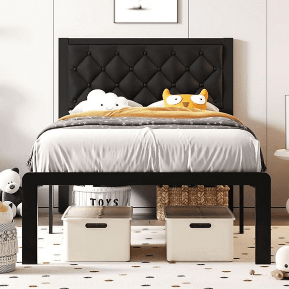 Twin Bed Frame with Headboard PU Leather Upholstered Bed Frame Platform,All Metal Slats Support Platform Bed Frame with Storage Space,Easy Assembly,Noise Free,No Box Spring Needed,Black