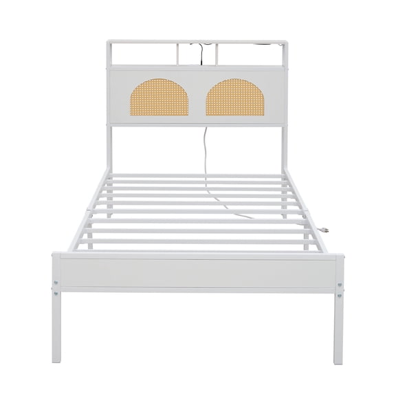 Twin Bed Frame with Headboard, Platform Bed with LED & Charging Station, the rattan-framed headboard exudes a classical charm, No Box Spring Needed, Noise Free, Easy Assembly, White