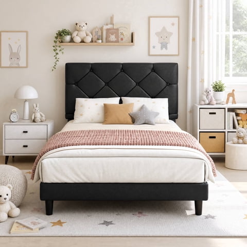 Twin Bed Frame with Headboard, SESSLIFE Upholstered Platform Bed Frame with Faux Leather Headboard, Sturdy Wood Slat Support, No Box Spring Needed, Bedroom