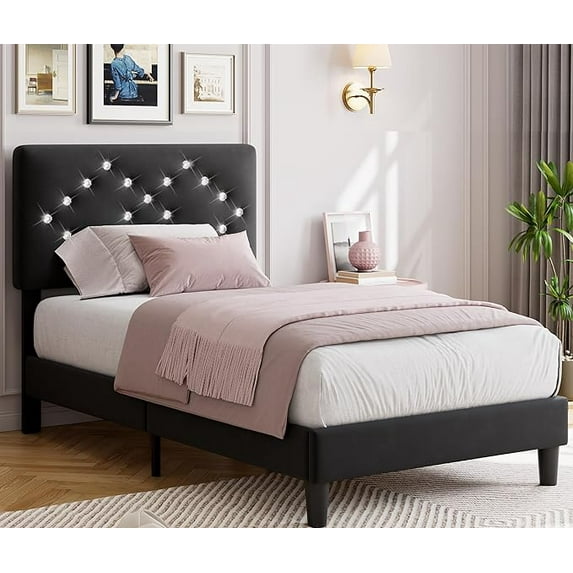 Twin Bed Frame with Headboard, Upholstered Platform Bed Frames Twin Size with Crystal Diamond Tufted for Teen Easy Assembly, Wooden Slats Support, Noise Free&No Box Spring Needed, Black