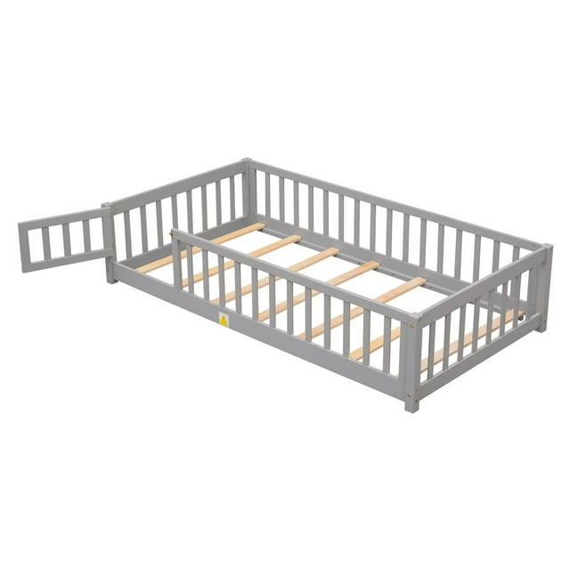 Twin Bed Frame for Kids, Solid Wood Creative Floor Platform Bed with Fence and Door, Modern Montessori Bed with Slats Support for Boys and Girls Bedroom, Easy Assembly, Gray