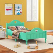Twin Bed Frame Kids Toddler Bed, Cute Solid Wood Platform Bed Frame with Safety Side Guardrail, Headboard and Footboard, Twin Size Bed for Boys Girls, Easy Assembly, Seasoft Green