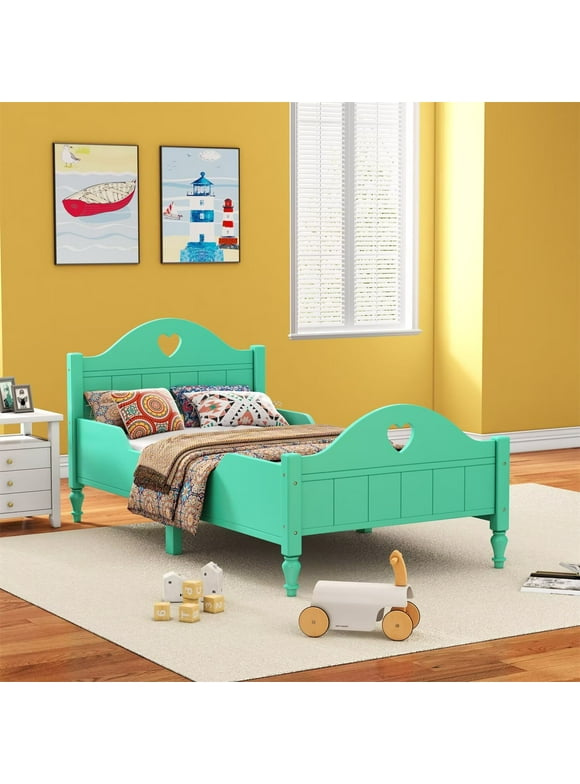 Twin Bed Frame Kids Toddler Bed, Cute Solid Wood Platform Bed Frame with Safety Side Guardrail, Headboard and Footboard, Twin Size Bed for Boys Girls, Easy Assembly, Seasoft Green