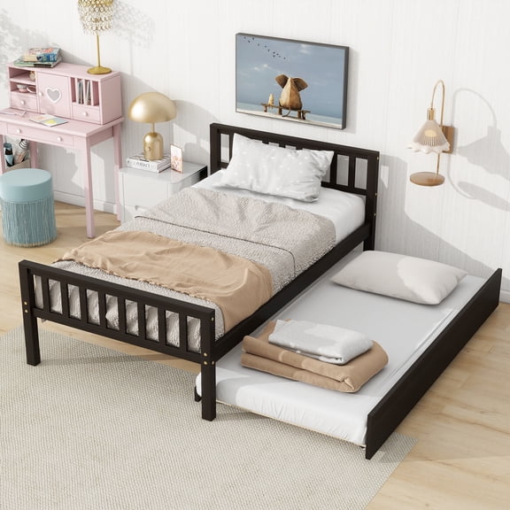 Twin Bed Frame with Trundle, PAPROOS Solid Wood Platform Beds, Twin Size Platform Bed Frame with Headboard and Footboard for Boys Girls, No Box Spring Needed, Espresso