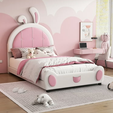 Twin Bed Frame for Kids, Twin Upholstered Princess Bed with Rabbit-Shape Headboard, Twin Size Platform Bed, Cute Faux Leather Bed, No Box Spring Needed - Pink