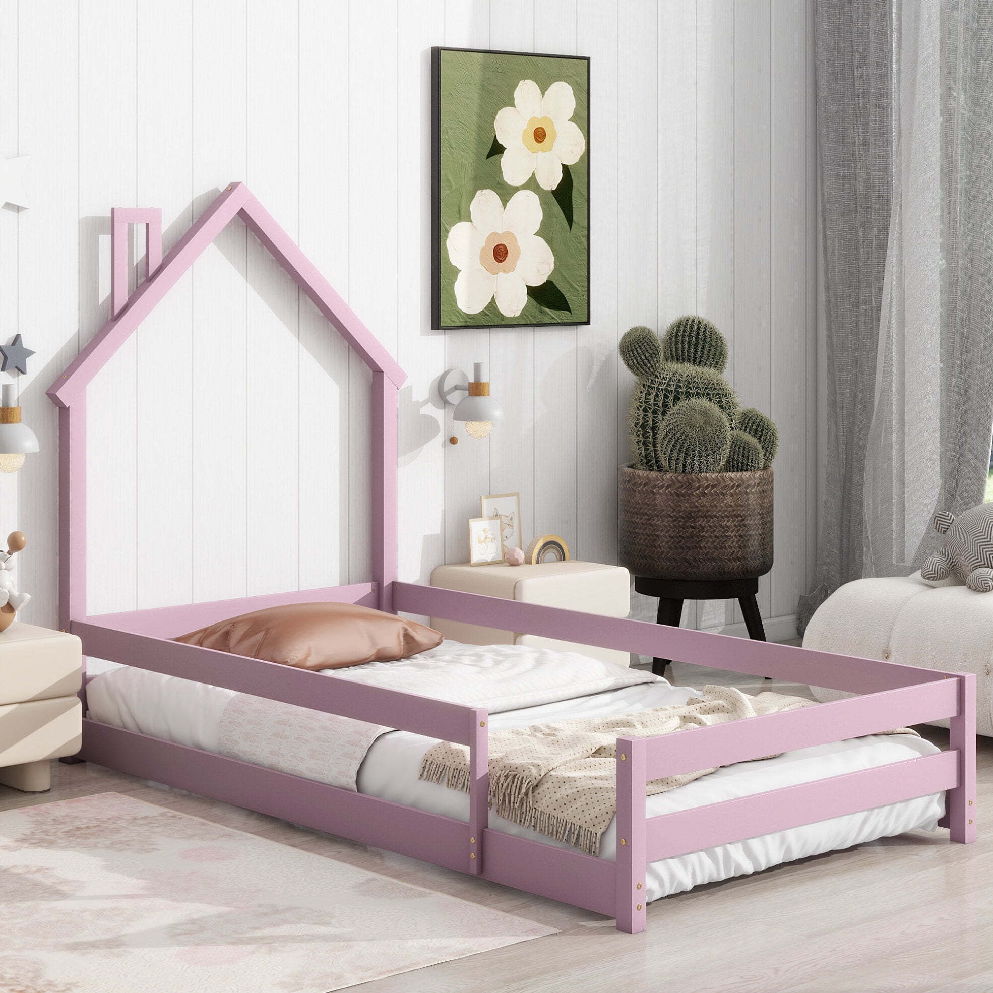 Twin Bed Frame for Kids, Wood Platform Bed with House Shape Headboard
