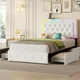 thumbnail image 1 of Twin Bed Frame with LED Headboard and 4 Storage Drawers, Upholstered Platform Bed with Charging Station, Velvet Twin Size Bed Frame, No Box Spring Needed, White, 1 of 9