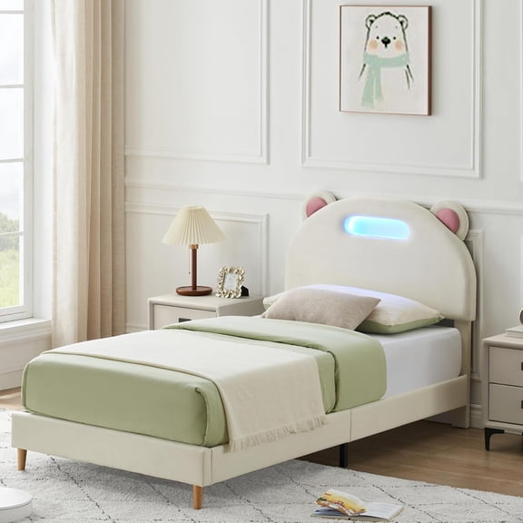 Twin Bed Frame with LED Lighting, Upholstered Platform Design Featuring Headboard and Durable Wooden Slats, No Box Spring Required, Quiet Operation, Simple Assembly, White.
