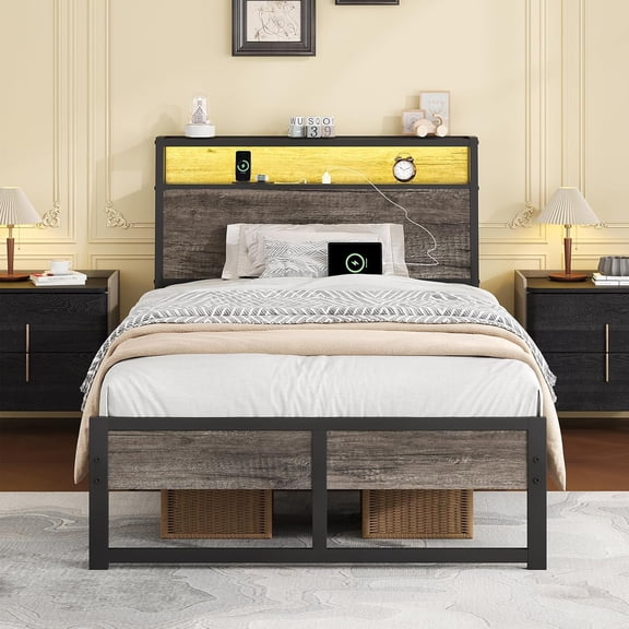 Twin Bed Frame with LED Lights and Charging Station, Farmhouse Metal Platform Bed Frame with Storage Headboard, Wooden Slat Support, No Box Spring Needed, Easy Assembly, Grey