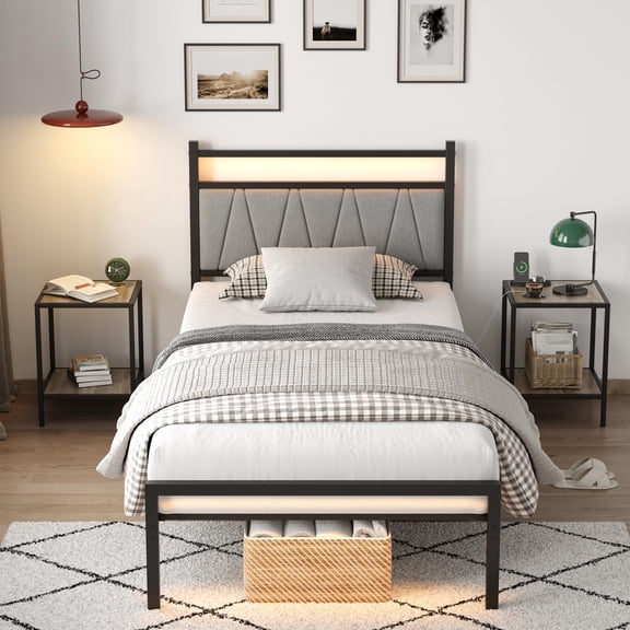 Twin Bed Frame with LED Lights & Charging Station, Metal Platform Bed Frame with Fabric Upholstered Headboard, No Box Spring Needed, Noise Free, Easy Assembly, Black