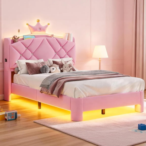 Princess Pink Bed Frame Twin with LED Lights & Charging Station, Velvet Platform Upholstered Bed for Teen Bedroom Pink Furniture