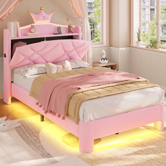 Twin Size Bed Frame with Headboard, Upholster Platform Bed Frames with LED Lights, Princess Crown Furniture Pink Bedroom Furniture