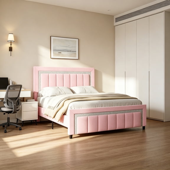 4 EVER WINNER Full Bed Frame, Velvet Upholstered Bed Frame with Diamond Headboard and Footboard, Pink Full Size Bed Frame, Princess Bed, Pink
