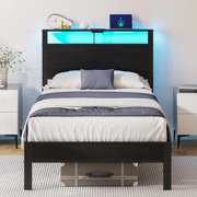 Twin Bed Frame with LED Lights & USB Charging Station, Black Metal Platform Bed with Storage Headboard, Under-Bed Space, Noise-Free & Sturdy, No Box Spring Needed, Easy Assembly