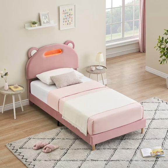Twin Bed Frame with LED Lights, Upholstered Platform Bed Frame with Headboard and Strong Wooden Slats, No Box Spring Needed, Easy Assembly, Light Pink