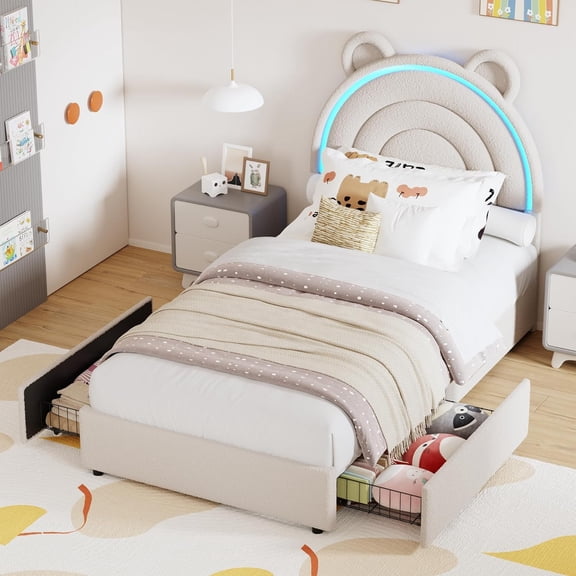 Boucle Fleece Upholstered Platform Bed Frame with LED Rainbow Headboard, Spacious Storage Drawers for Bedroom,Twin,Gray