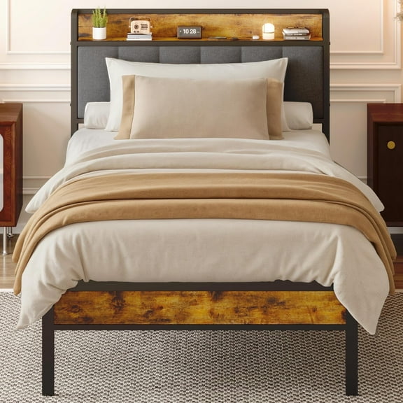 Twin Bed Frame, Lofka Twin Size Bed Frame with Upholstered Storage Headbaord and Wooden Footboard, Dark Gray