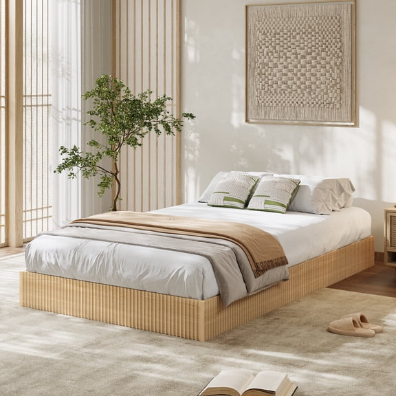 Twin Bed Frame, Modern Wood Platform Bed with Fluted Accents, Low Profile Floor-Standing Bed Base, Noise-Free & Sturdy Foundation, No Box Spring Needed, Natural