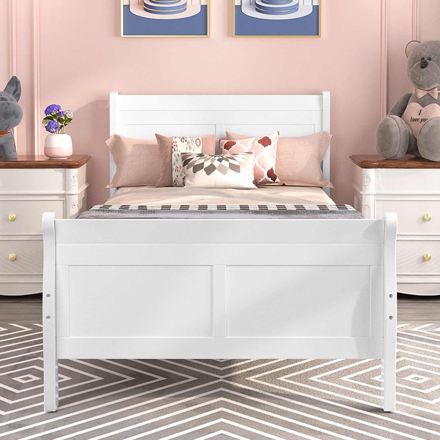 Twin Bed Frame No Box Spring Needed, Wood Platform Bed Frame with Headboard and Footboard, Strong Wooden Slats, Twin Bed Frames for Kids, Adults, Modern Bedroom Furniture, White, W9772 - image 1 of 8