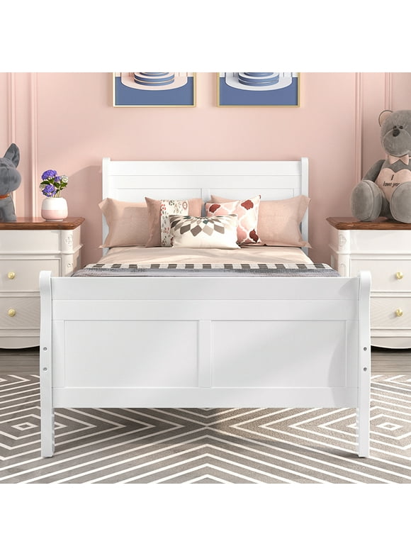 Twin Bed Frame No Box Spring Needed, Wood Platform Bed Frame with Headboard and Footboard, Strong Wooden Slats, Twin Bed Frames for Kids, Adults, Modern Bedroom Furniture, White, W9772