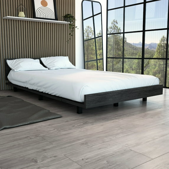 Twin Bed Frame With Oak Accented Headboard - Modern Bedroom Fashion, 441 Lb Capacity, Easy Assembly, Gray Particle Board Style Furniture, Weight Assembly