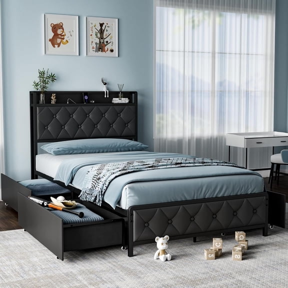 Twin Bed Frame, Pu Leather Button Headboard, Metal Bed Frame, 4 Storage Drawers, Charging Socket, Quiet Operation, Easy Assembly (Black)