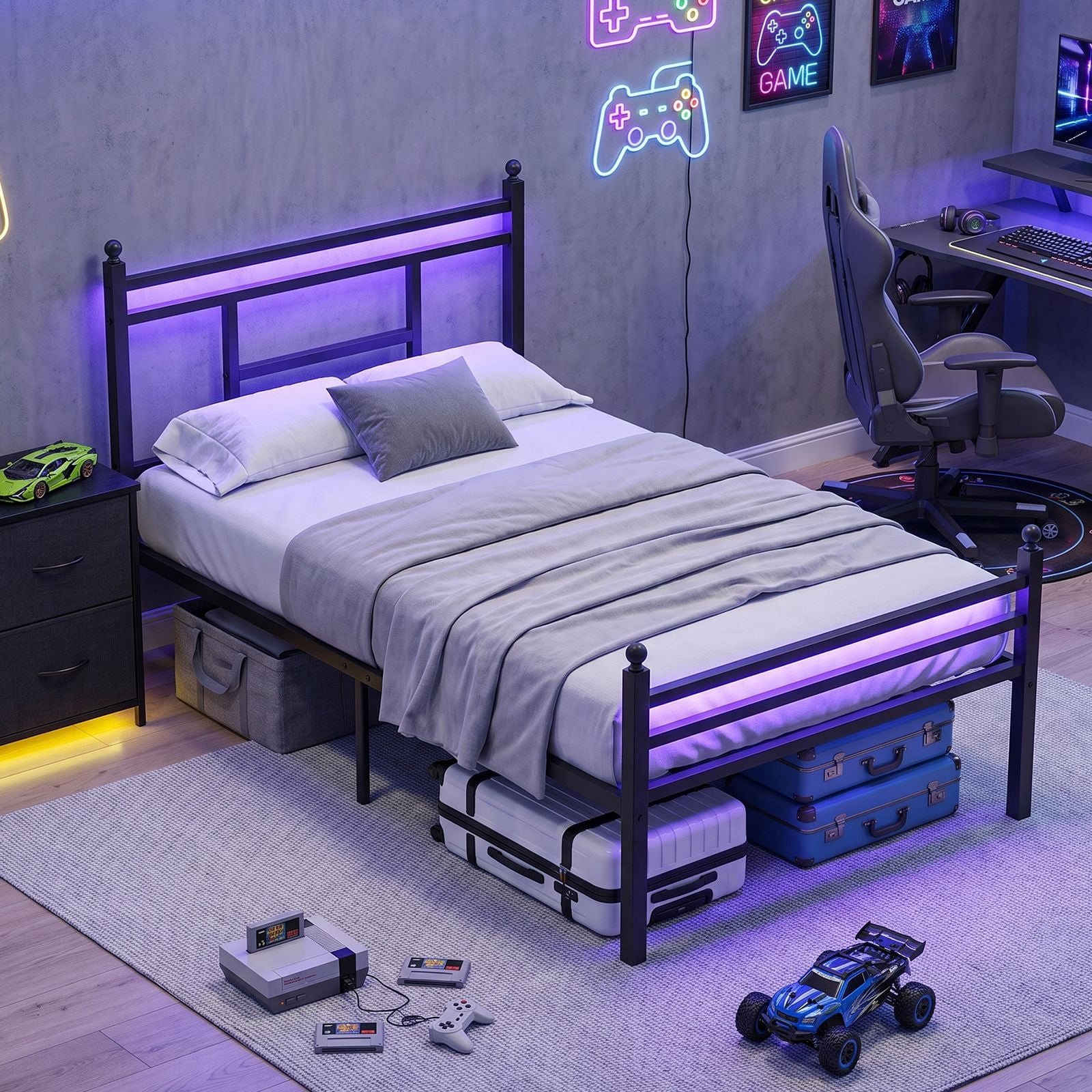 Twin Bed Frame with RGB LED Lights and Charging Station, Metal Platform Bed with Headboard and Footboard, 2 Outlets and 2 USB Ports, No Box Spring Needed, 500 lbs Capacity