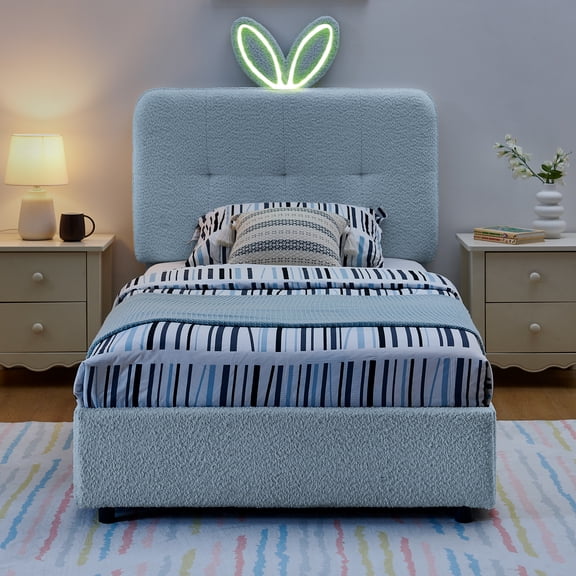 Twin Bed Frame Rabbit Ear Headboard Upholstered Bed with LED Light and 4 Storage Drawers for Boys Girls, Wooden Slats Support,Boucle Fabric