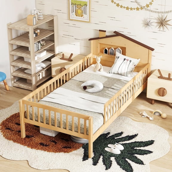 Twin Bed Frame with Rails & House Shaped Headboard, Solid Wood Platform Bed with Safety Guardrails, Storage Cube & Under-Bed Storage, No Box Spring Needed, Twin Bed with Rails (Natural)