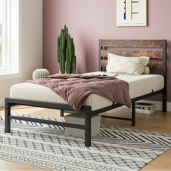 Twin Bed Frame with Rustic Vintage Wooden Headboard,Heavy Duty Metal Slats Support,No Box Spring Needed,No Noise,Easy Assembly,Metal Platform Twin Size Bed Frame,77.5"x39.4"x37.6",Brown