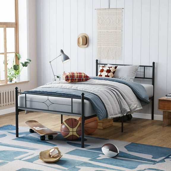 Twin Bed Frame, Sailvan Metal Platform Bed Frame Twin Size with Headboard & Underbed Storage, No Box Spring Needed, Heavy Duty Metal Bed with 800lbs Capacity, Black