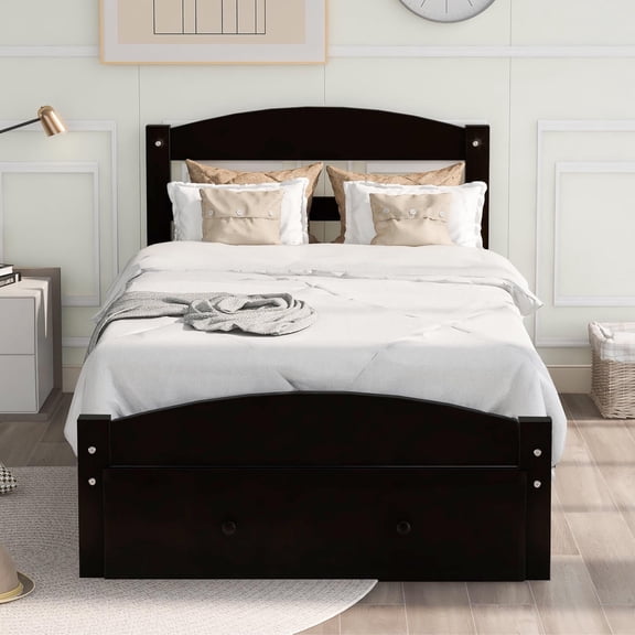 Twin Bed Frame with Storage Drawer, UHOMEPRO Solid Pine Wood Bed Frame with Headboard and Footboard, Modern Bed Furniture for Bedroom, Holds 275 lb, No Box Spring Needed, Espresso