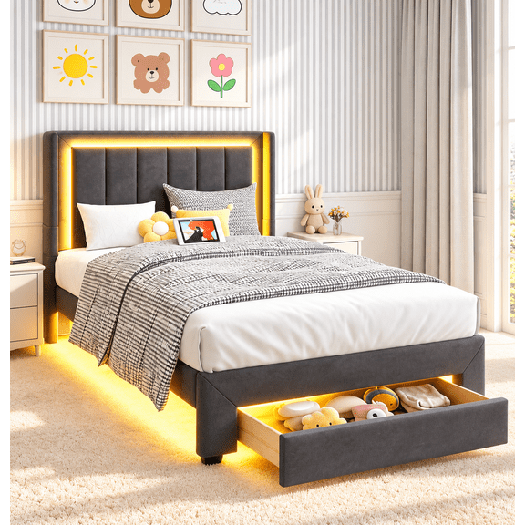 Twin Bed Frame with Storage Drawer, UHOMEPRO Upholstered Kids Bed with LED Lights, Charging Station and Velvet Headboard, Twin Size Platform Bed for Kid, No Box Spring Needed, Wooden, Gray