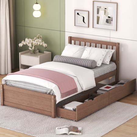Twin Bed Frame with Storage Drawers, BTMWAY Twin Platform Bed Frame with Headboard, Modern Twin Size Bed Frame No Box Spring Needed, Twin Size Platform Bed Frame for Kids Adults, Walnut